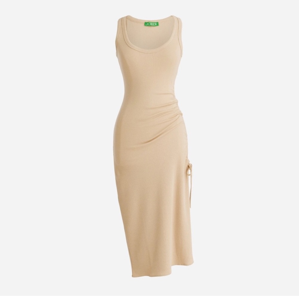 J Crew BP250 Ruched Midi Dress Tank Ribbed‎ Beige Sleeveless Sz M